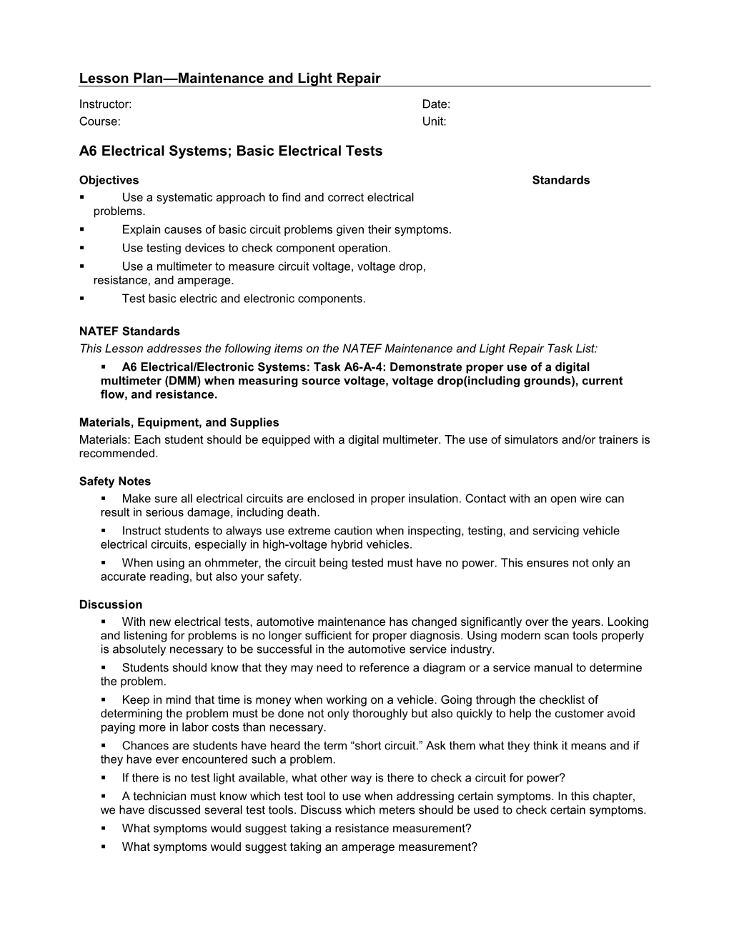 Lesson Plan Maintenance and Light Repair