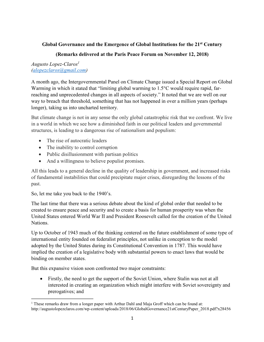 Remarks Delivered at the Paris Peace Forum on November 12, 2018) Augusto Lopez-Claros1 (Alopezclaros@Gmail.Com)