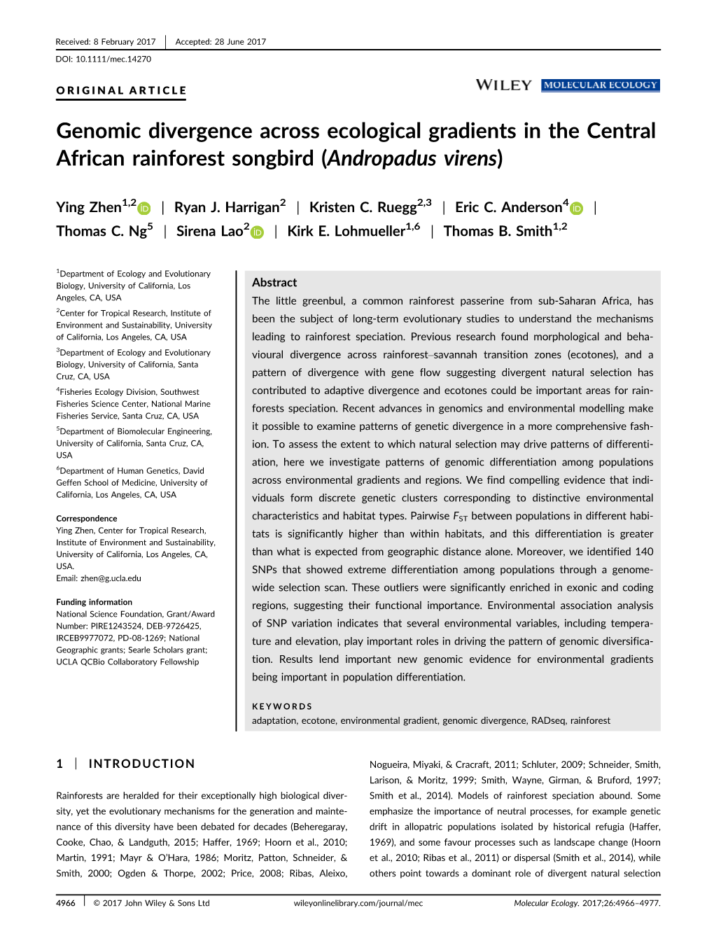 Genomic Divergence Across Ecological Gradients in the Central African Rainforest Songbird (Andropadus Virens)