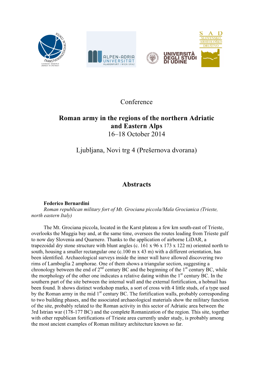 Conference Roman Army in the Regions of the Northern Adriatic And