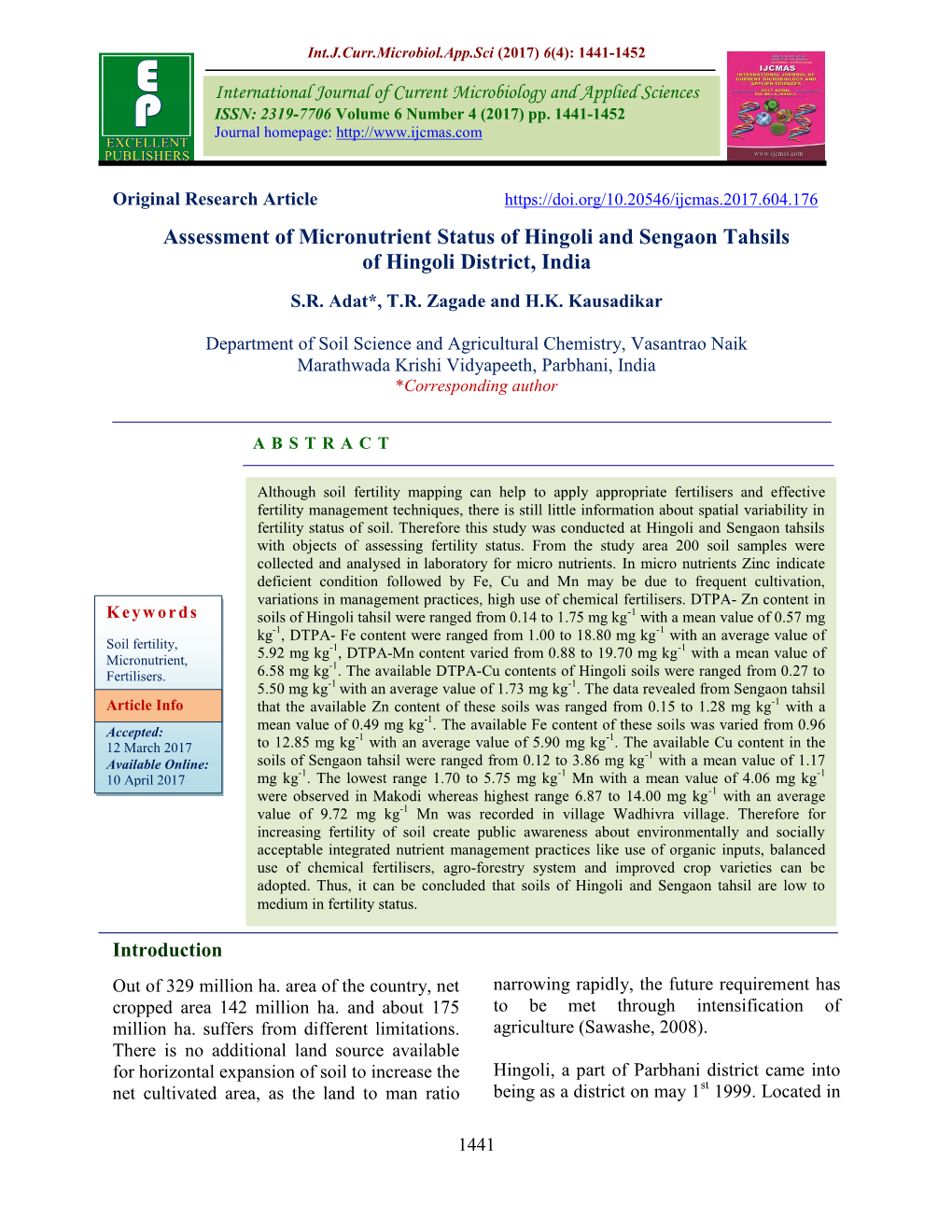 Assessment of Micronutrient Status of Hingoli and Sengaon Tahsils of Hingoli District, India