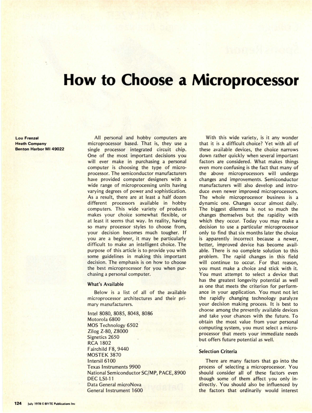 How to Choose a Microprocessor, July 1978, BYTE Magazine