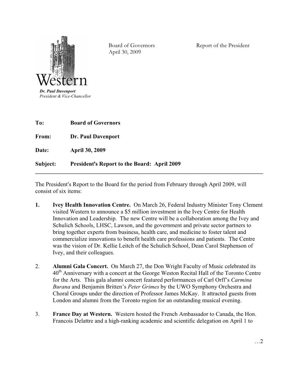 Board of Governors Report of the President April 30, 2009