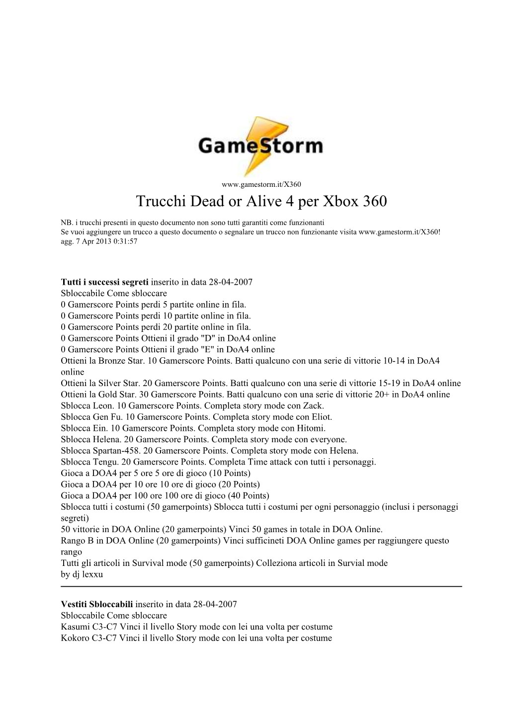 Trucchi Dead Or Alive 4 Per Xbox 360