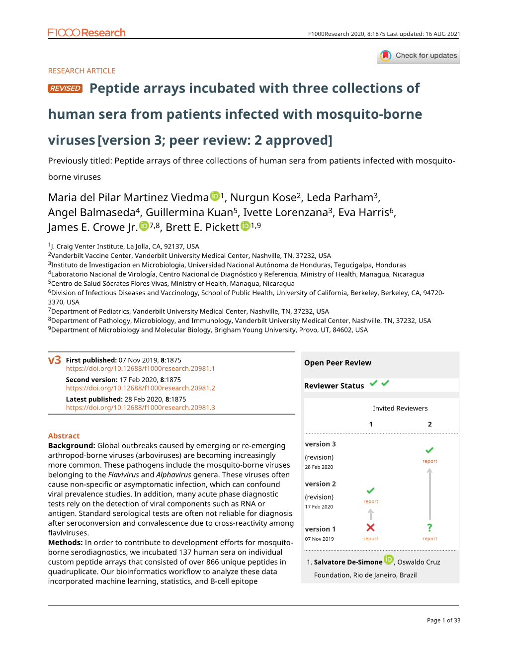 Peptide Arrays Incubated with Three Collections of Human Sera from Patients Infected with Mosquito-Borne Viruses [Version 3; Peer Review: 2 Approved]