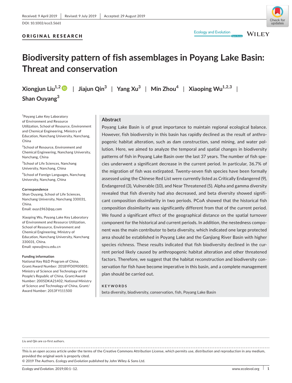 Biodiversity Pattern of Fish Assemblages in Poyang Lake Basin: Threat and Conservation