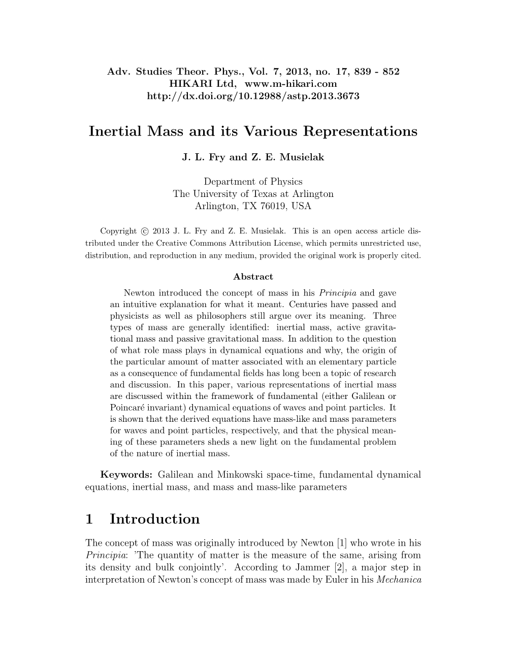 Inertial Mass and Its Various Representations 1 Introduction