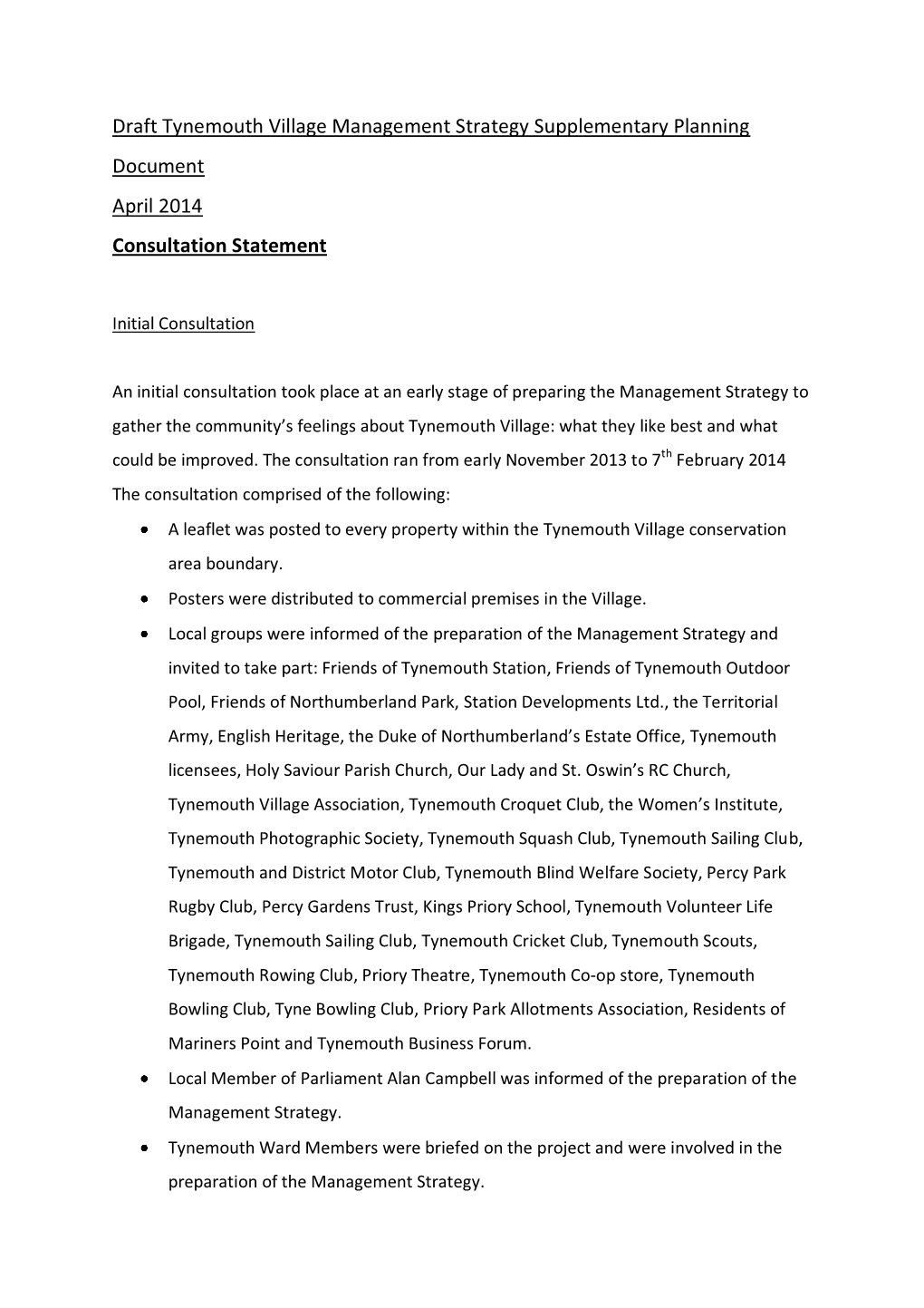 Draft Tynemouth Village Management Strategy Supplementary Planning Document April 2014 Consultation Statement