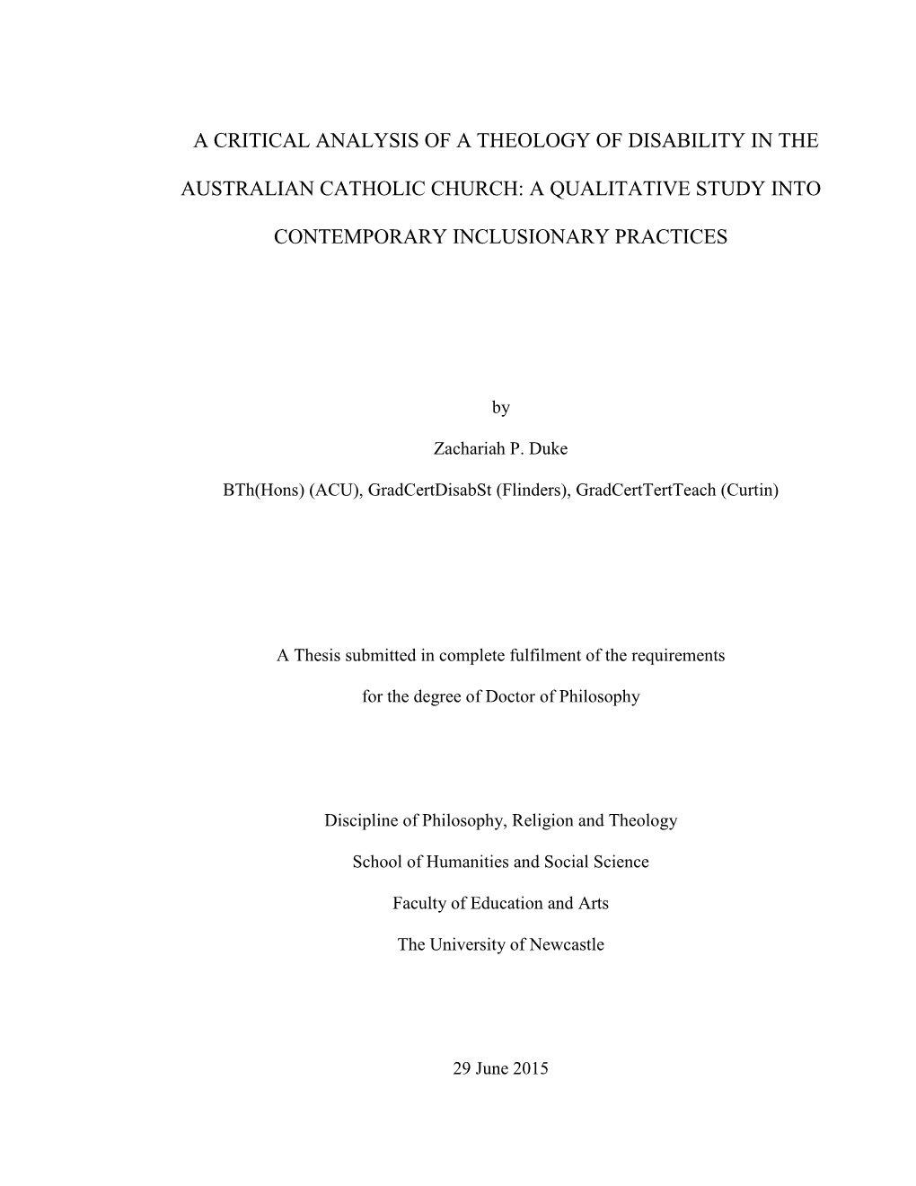 A Critical Analysis of a Theology of Disability in the Australian Catholic