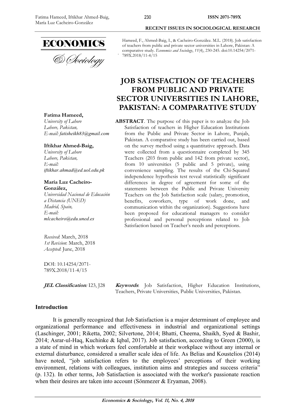 Job Satisfaction of Teachers from Public and Private Sector Universities in Lahore, Pakistan: a Comparative Study
