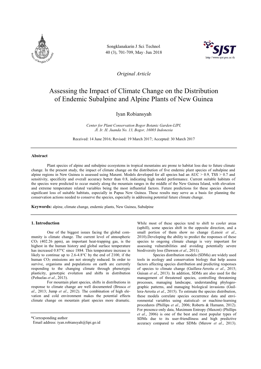 Assessing the Impact of Climate Change on the Distribution of Endemic Subalpine and Alpine Plants of New Guinea