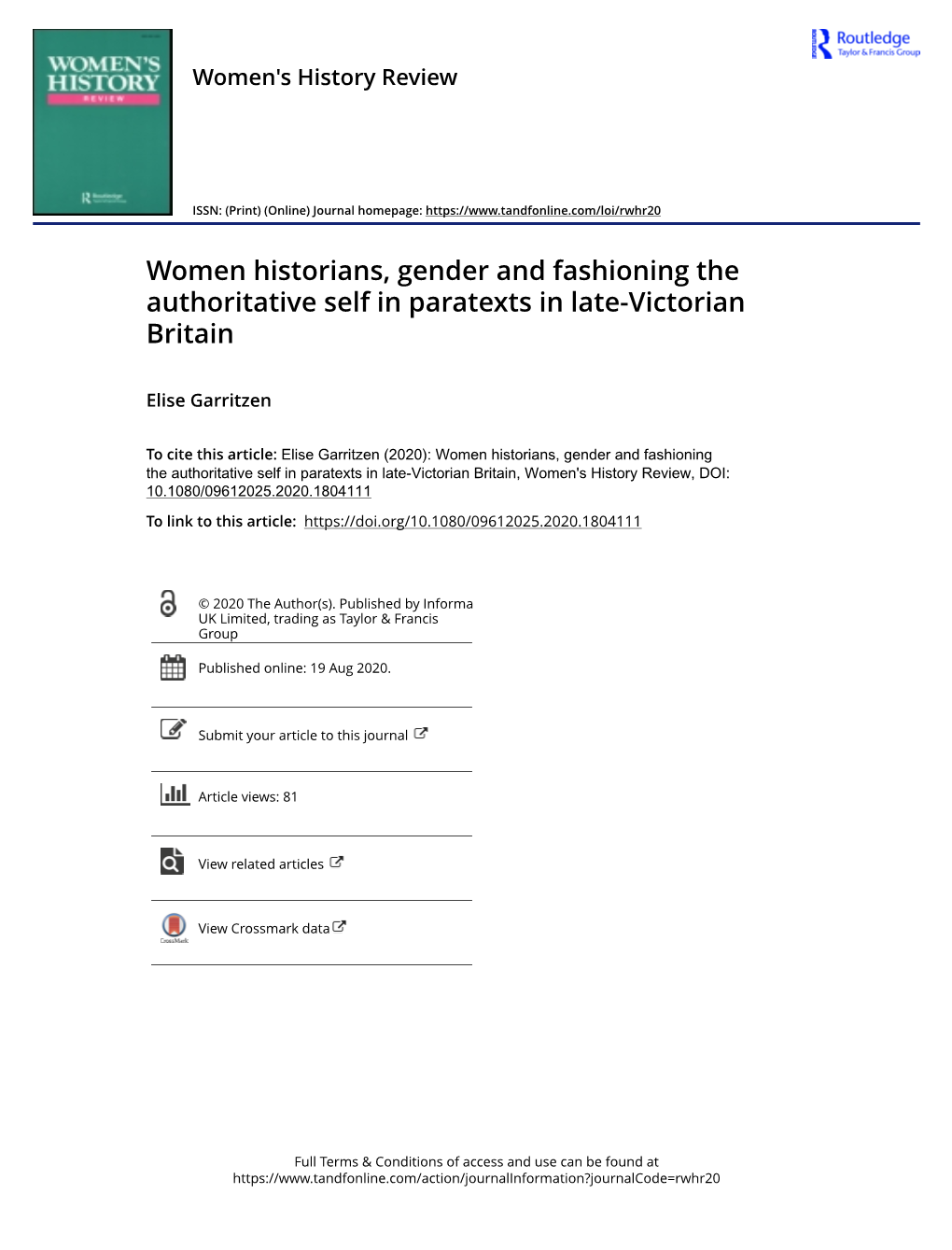 Women Historians, Gender and Fashioning the Authoritative Self in Paratexts in Late-Victorian Britain