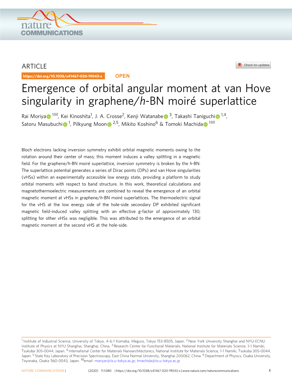 Emergence of Orbital Angular Moment at Van Hove Singularity in Graphene/H-BN Moiré Superlattice ✉ Rai Moriya 1 , Kei Kinoshita1, J