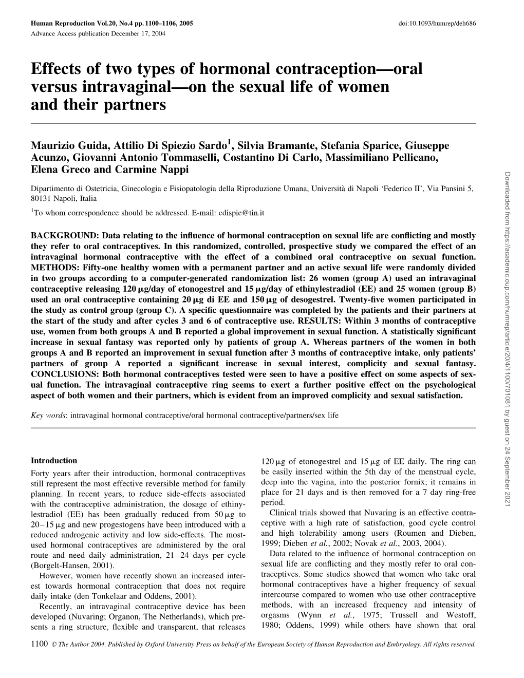Effects of Two Types of Hormonal Contraception—Oral Versus Intravaginal—On the Sexual Life of Women and Their Partners