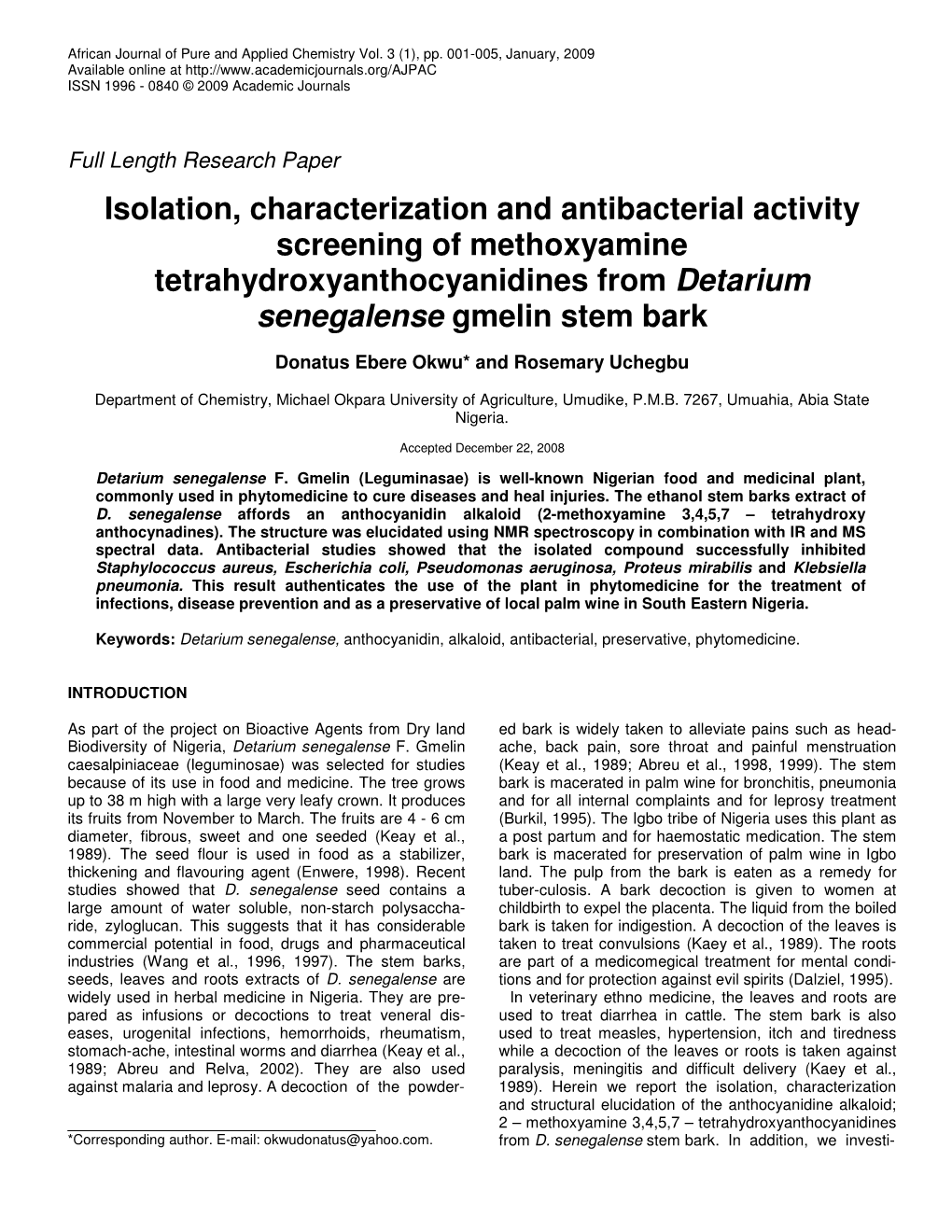 Isolation, Characterization and Antibacterial Activity Screening of Methoxyamine Tetrahydroxyanthocyanidines from Detarium Senegalense Gmelin Stem Bark