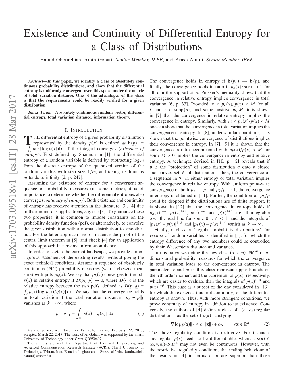 Existence and Continuity of Differential Entropy for a Class Of