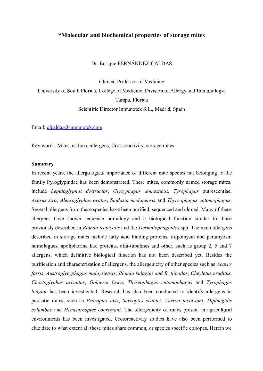 “Molecular and Biochemical Properties of Storage Mites