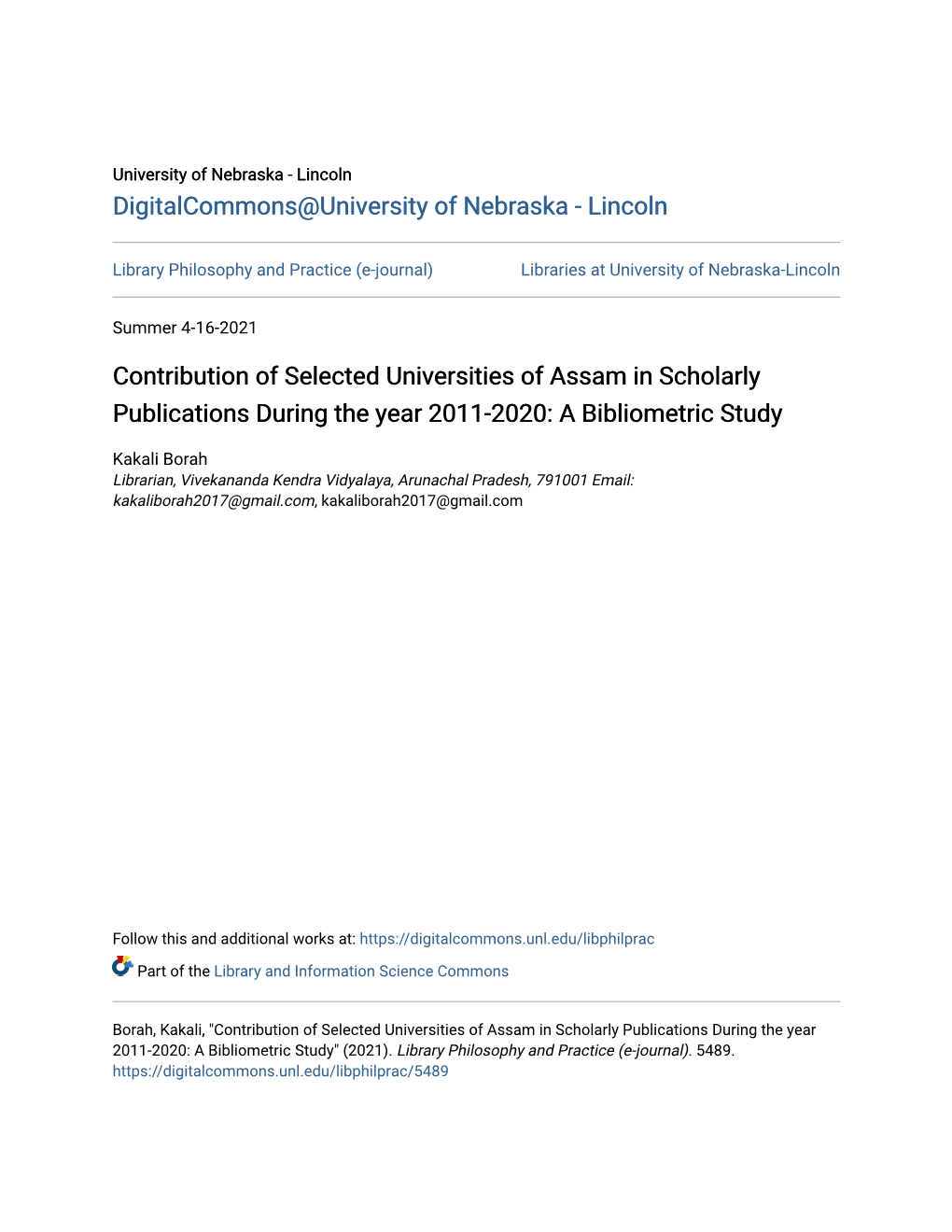 Contribution of Selected Universities of Assam in Scholarly Publications During the Year 2011-2020: a Bibliometric Study