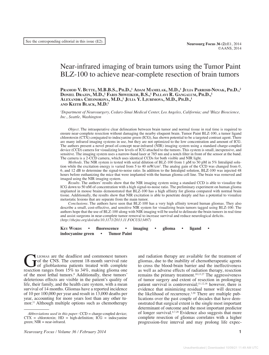 Near-Infrared Imaging of Brain Tumors Using the Tumor Paint BLZ-100 to Achieve Near-Complete Resection of Brain Tumors