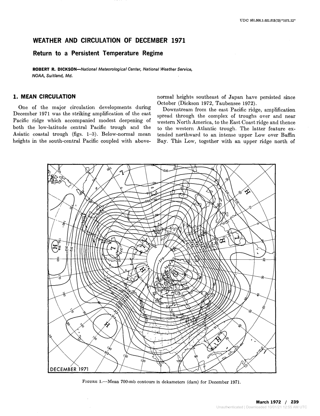 WEATHER and CIRCULATION of DECEMBER 1971 Return to a Persistent Temperature Regime
