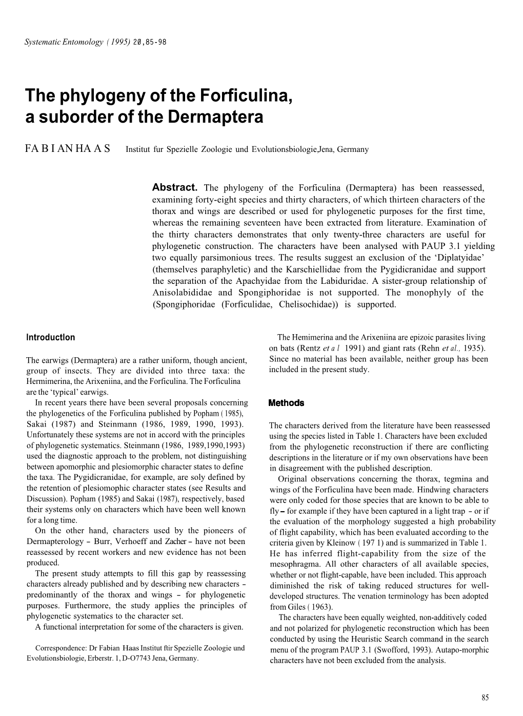 The Phylogeny of the Forficulina, a Suborder of the Dermaptera