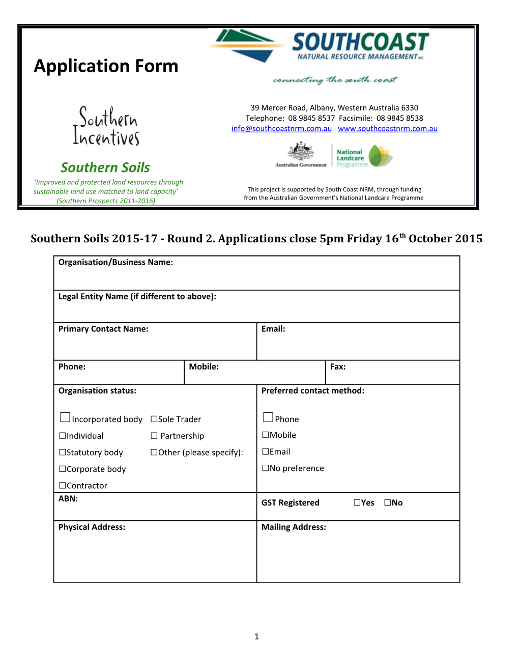 Southern Soils 2015-17 - Round 2. Applications Close 5Pm Friday 16Th October 2015