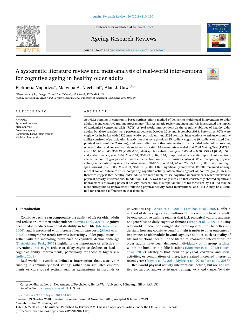 Ageing Research Reviews a Systematic Literature Review and Meta-Analysis of Real-World Interventions for Cognitive Ageing In