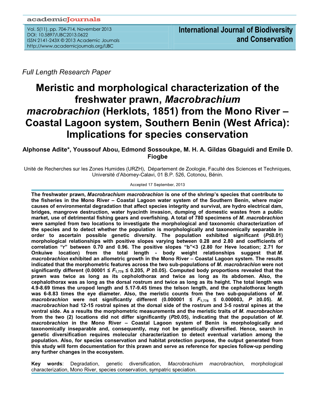 Meristic and Morphological Characterization of the Freshwater