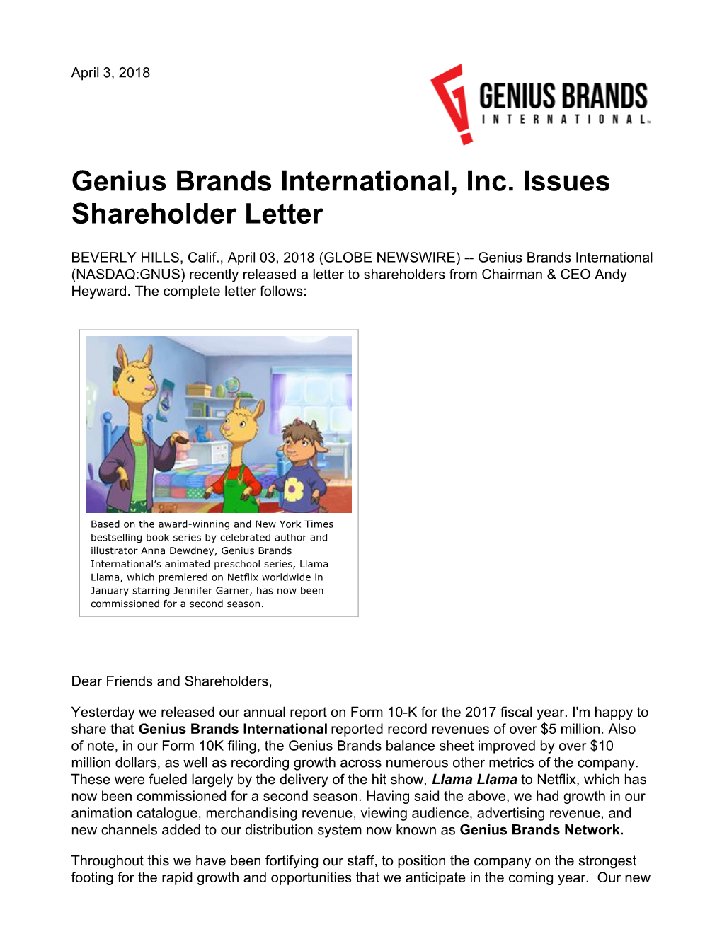 Genius Brands International, Inc. Issues Shareholder Letter