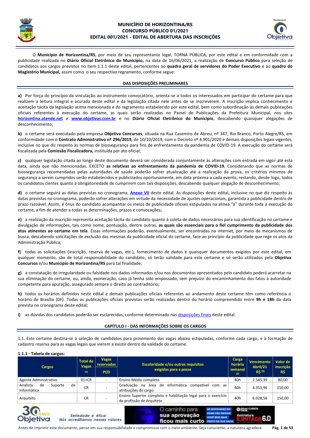 Município De Horizontina/Rs Concurso Público 01/2021 Edital 001/2021 - Edital De Abertura Das Inscrições