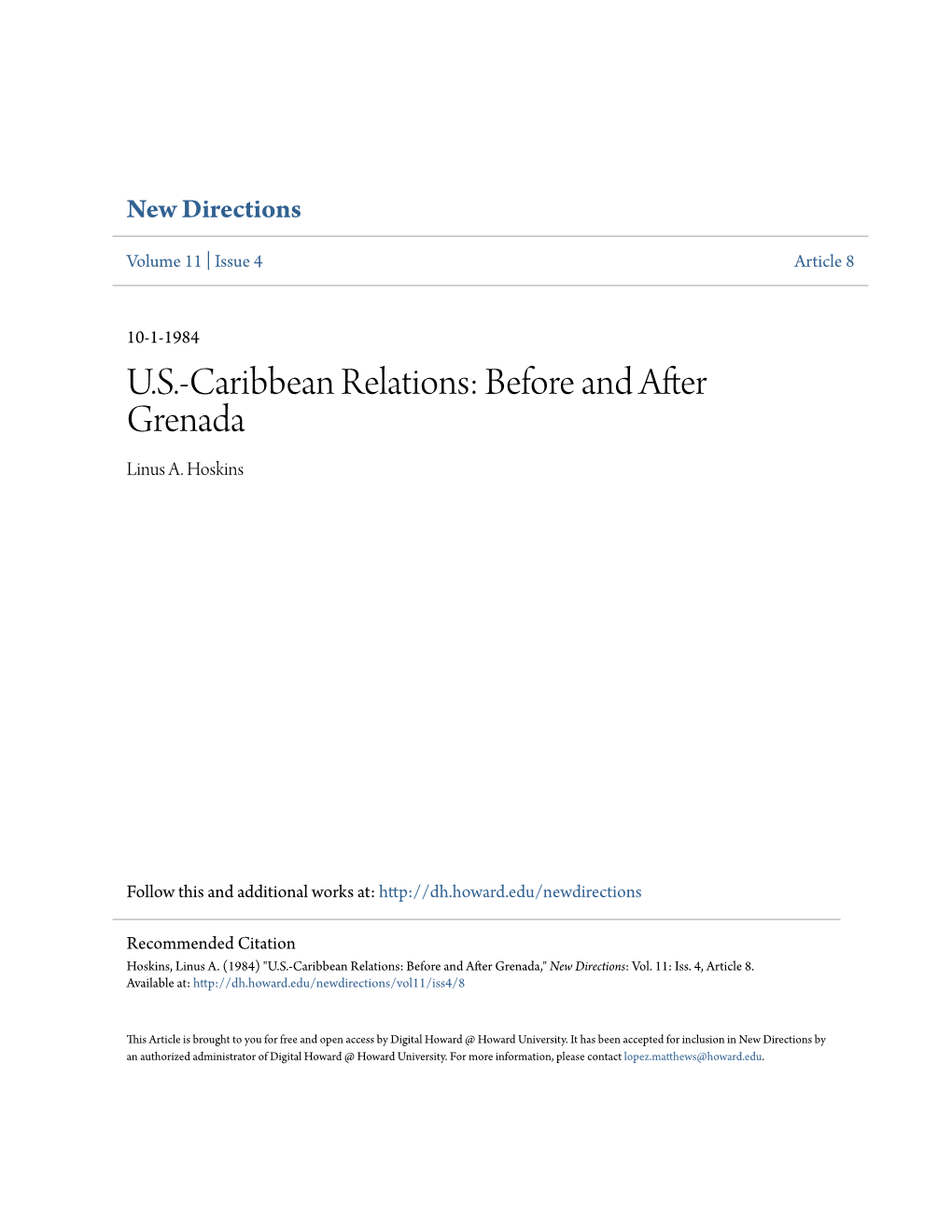 U.S.-Caribbean Relations: Before and After Grenada Linus A