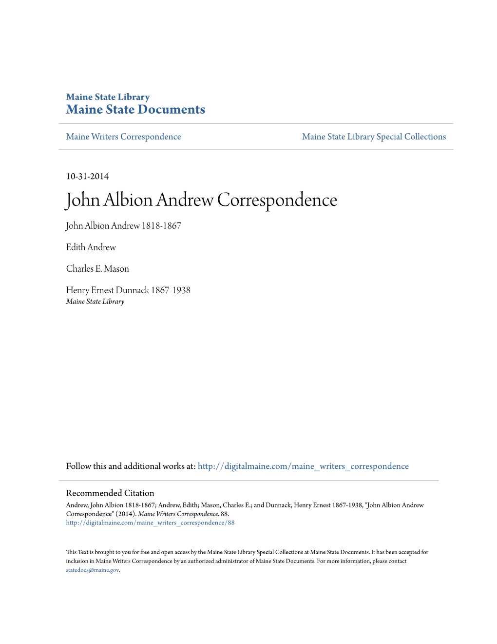 John Albion Andrew Correspondence John Albion Andrew 1818-1867