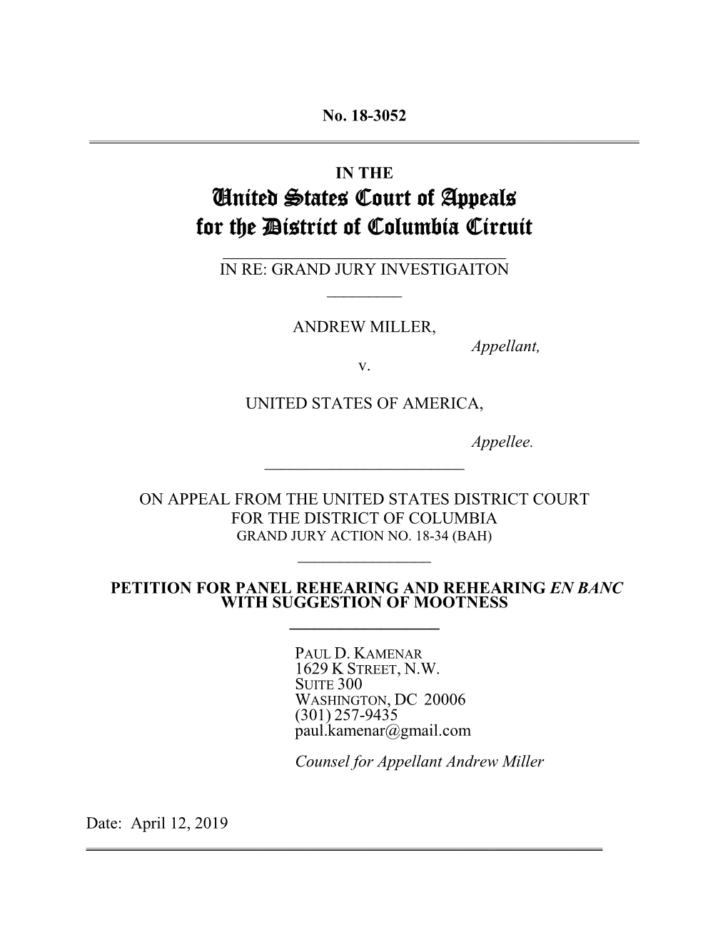 United States Court of Appeals for the District of Columbia Circuit ______IN RE: GRAND JURY INVESTIGAITON ______