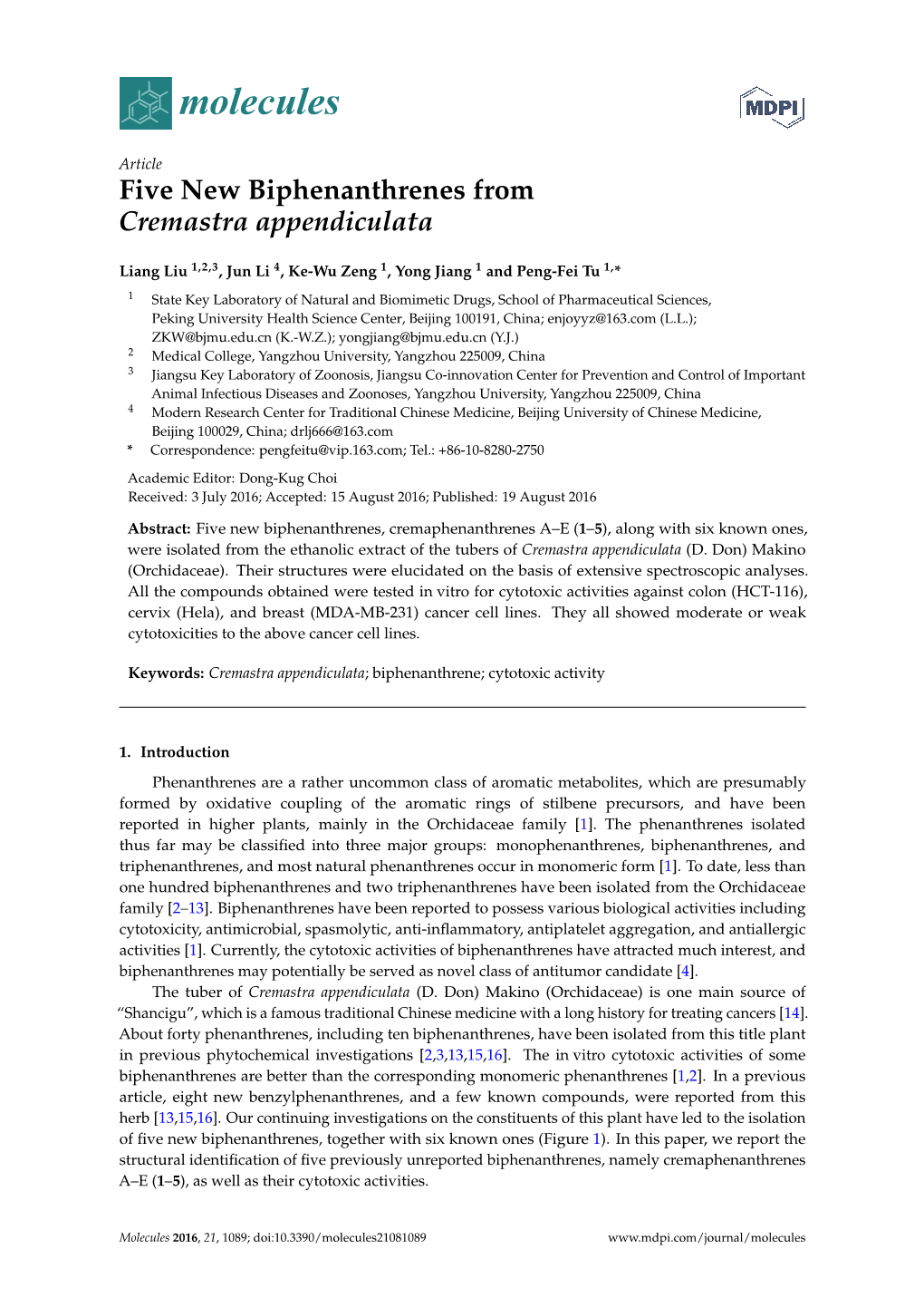 Five New Biphenanthrenes from Cremastra Appendiculata