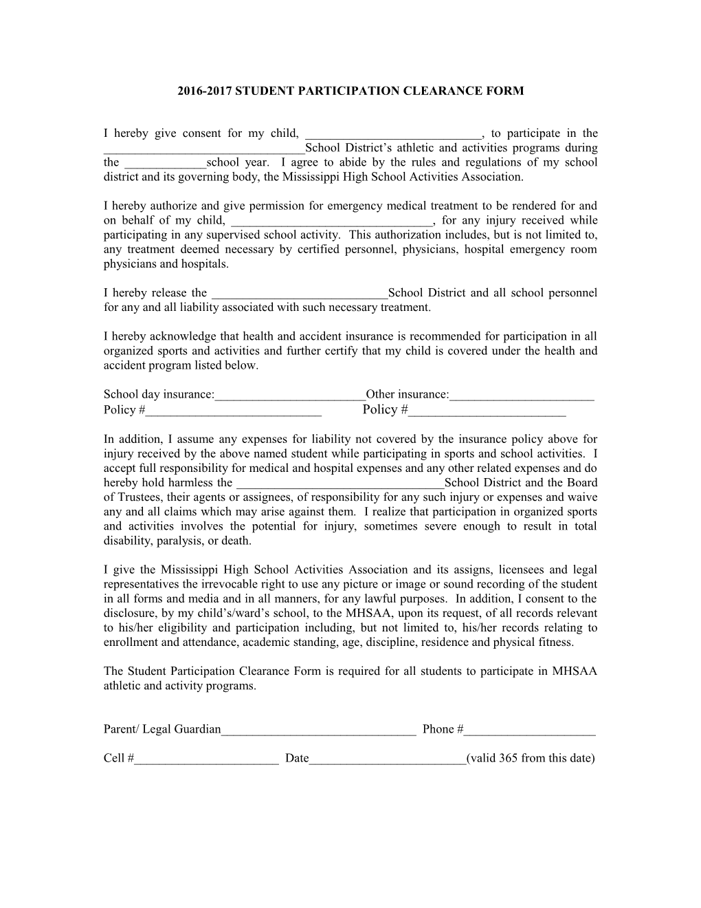 Athletic Participation Clearance Form