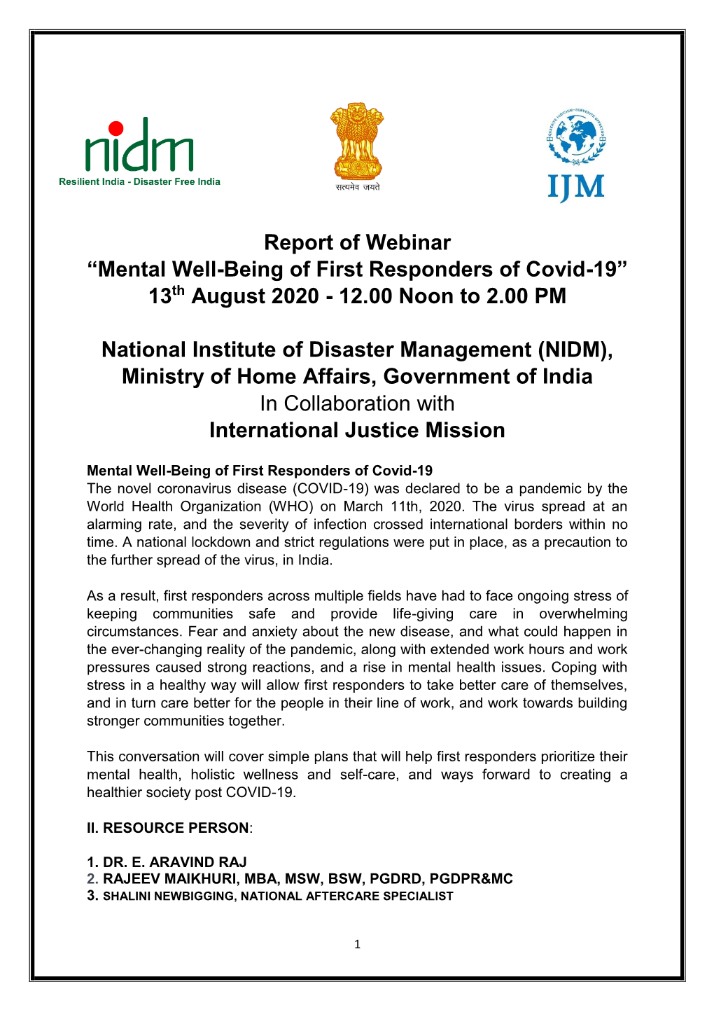 Report of Webinar “Mental Well-Being of First Responders of Covid-19” 13Th August 2020 - 12.00 Noon to 2.00 PM