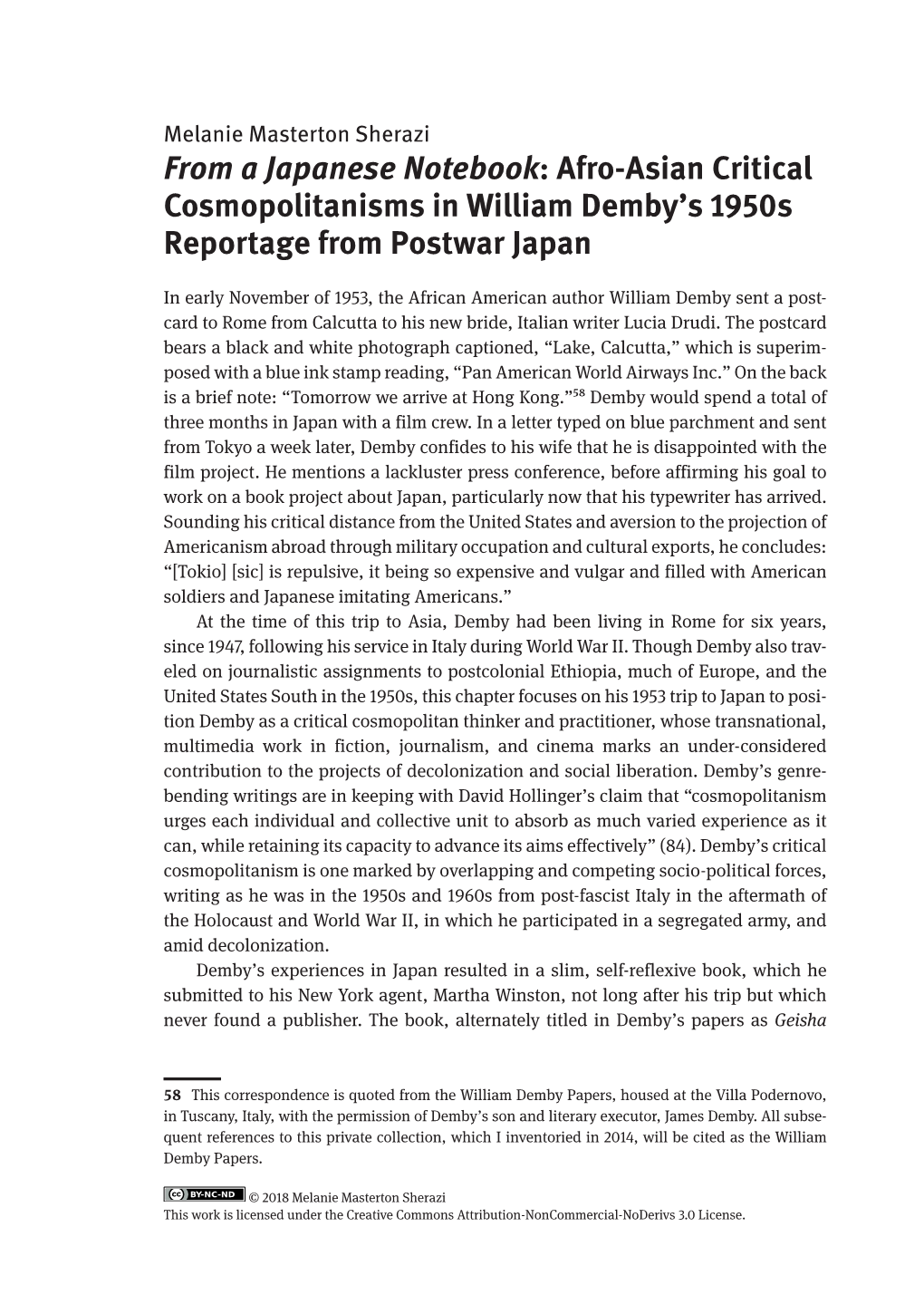 From a Japanese Notebook: Afro-Asian Critical Cosmopolitanisms in William Demby’S 1950S Reportage from Postwar Japan