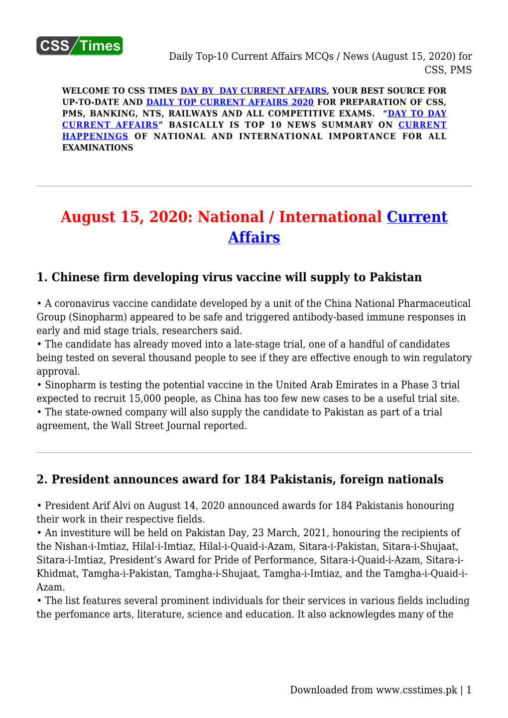 Daily Top-10 Current Affairs Mcqs / News (August 15, 2020) for CSS, PMS