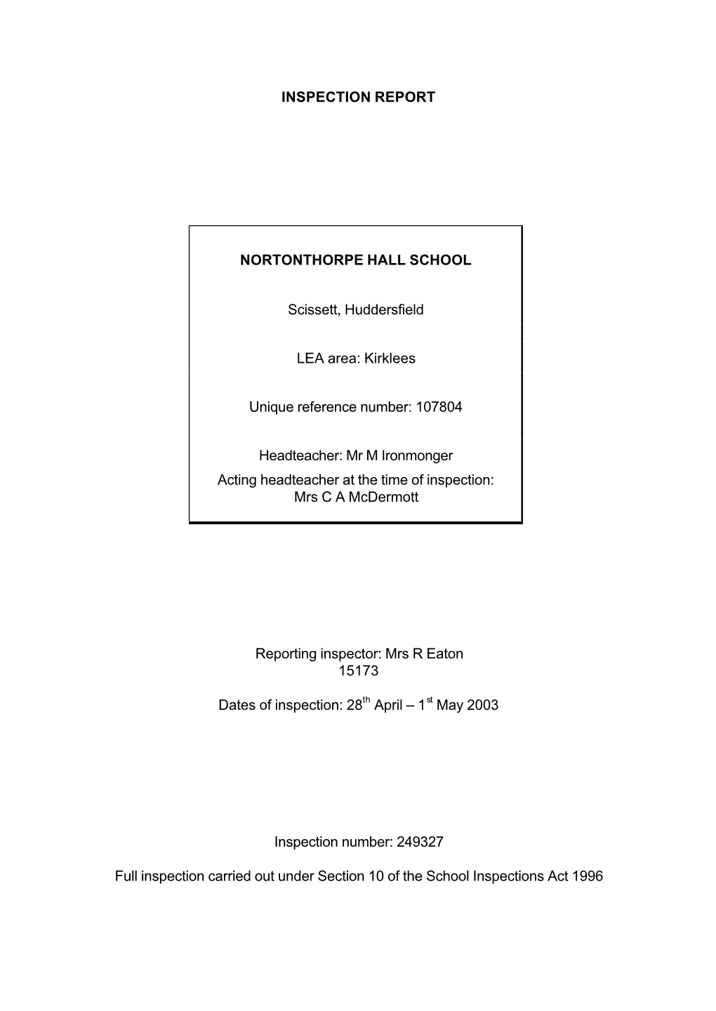 Inspection Report Nortonthorpe Hall School