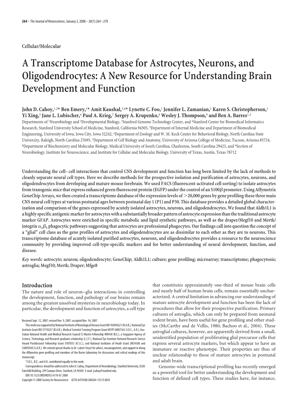 A Transcriptome Database for Astrocytes, Neurons, and Oligodendrocytes: a New Resource for Understanding Brain Development and Function