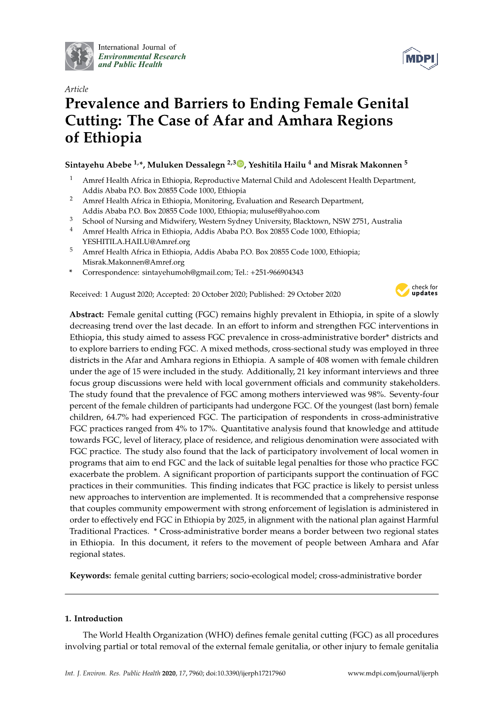 Prevalence and Barriers to Ending Female Genital Cutting: the Case of Afar and Amhara Regions of Ethiopia