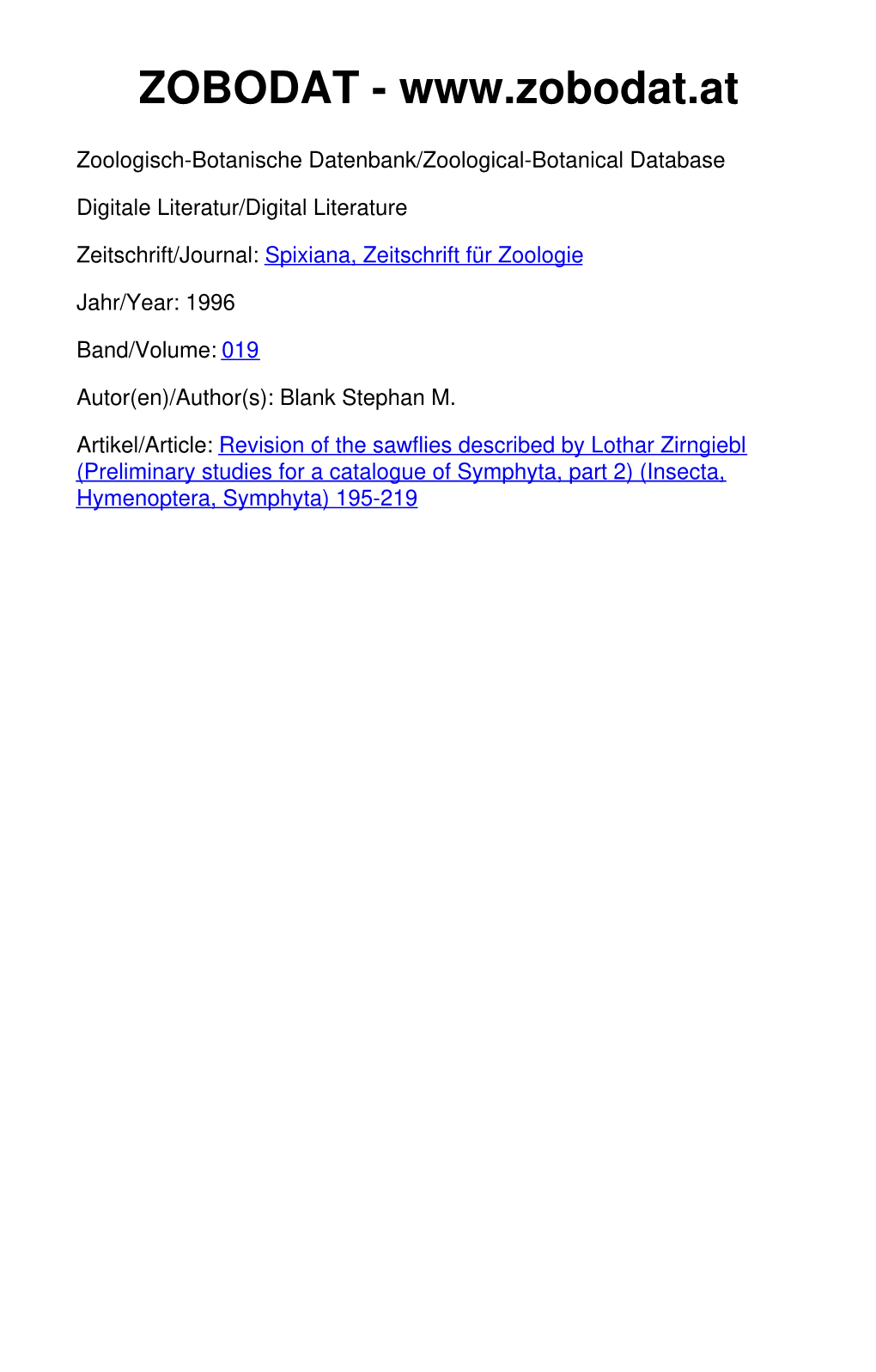 Revision of the Sawflies Described by Lothar Zirngiebl