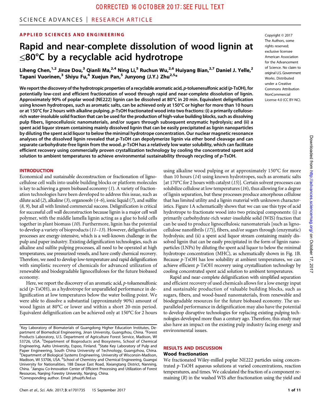 Rapid and Near-Complete Dissolution of Wood Lignin at ≤80°C by a Recyclable Acid Study