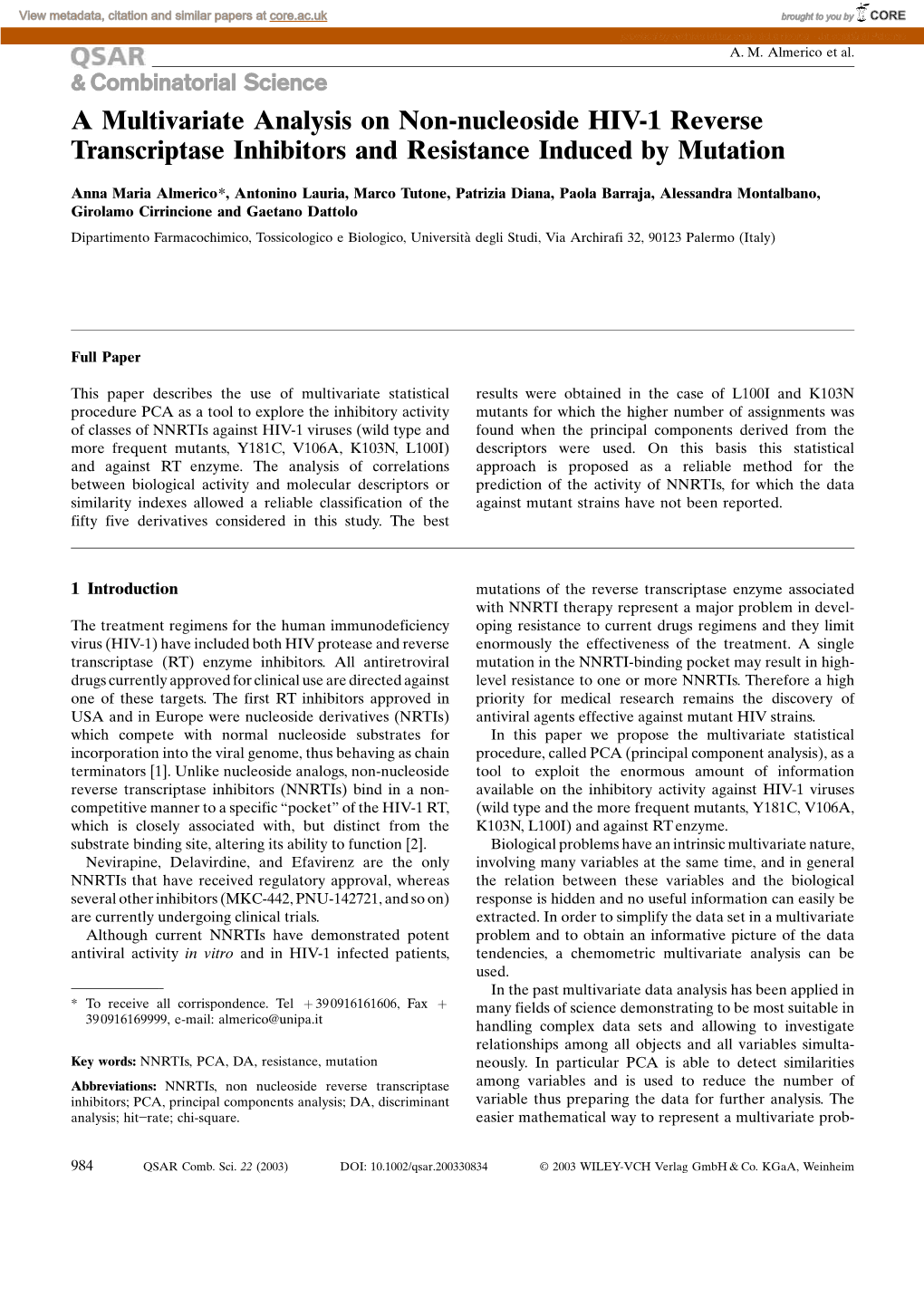 A Multivariate Analysis on Non-Nucleoside HIV-1 Reverse Transcriptase Inhibitors and Resistance Induced by Mutation