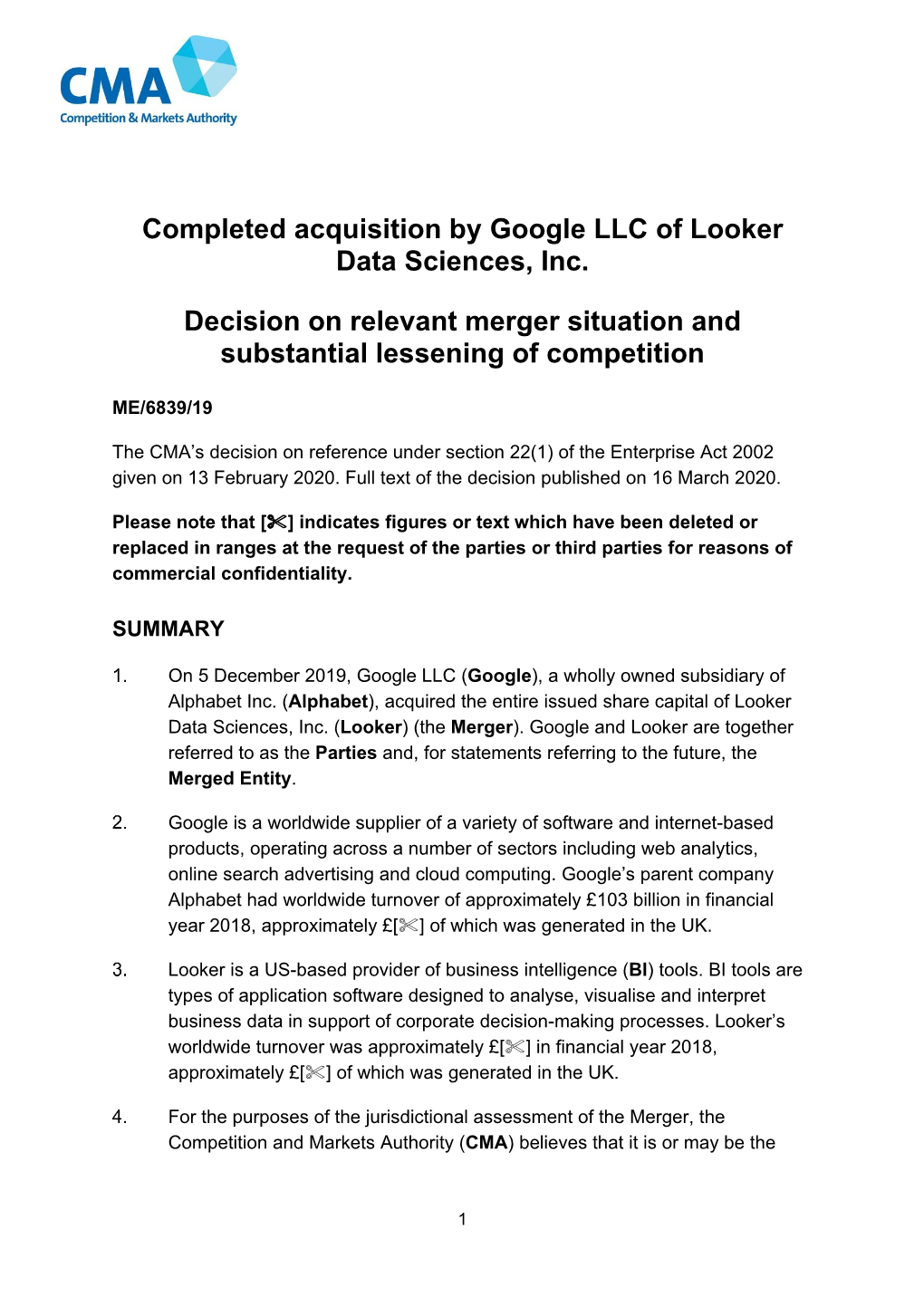 Completed Acquisition by Google LLC of Looker Data Sciences, Inc. Decision on Relevant Merger Situation and Substantial Lessening of Competition