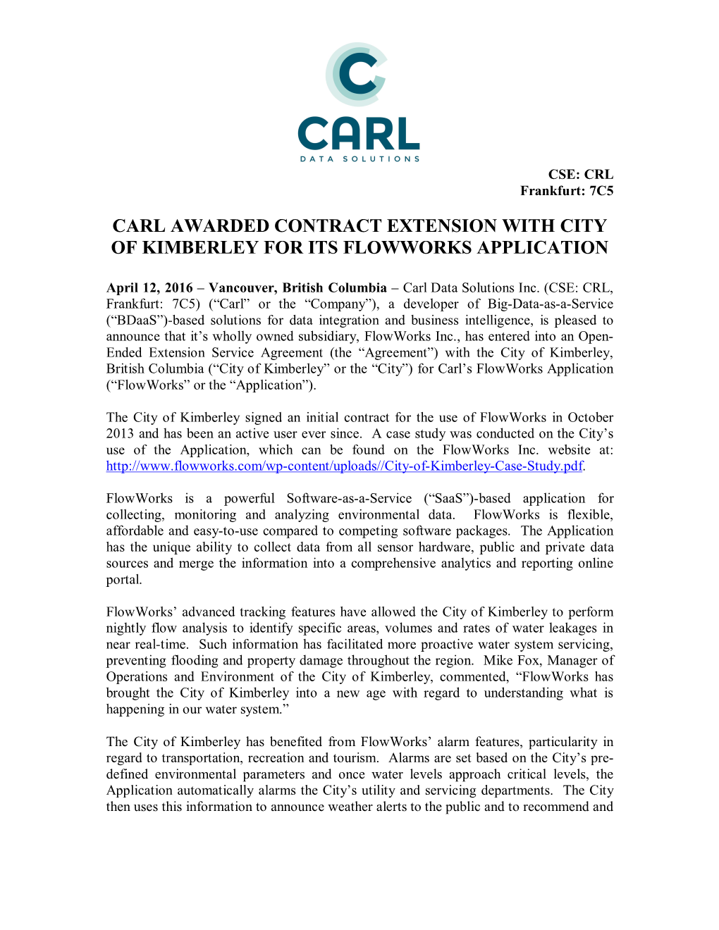 Carl Awarded Contract Extension with City of Kimberley for Its Flowworks Application