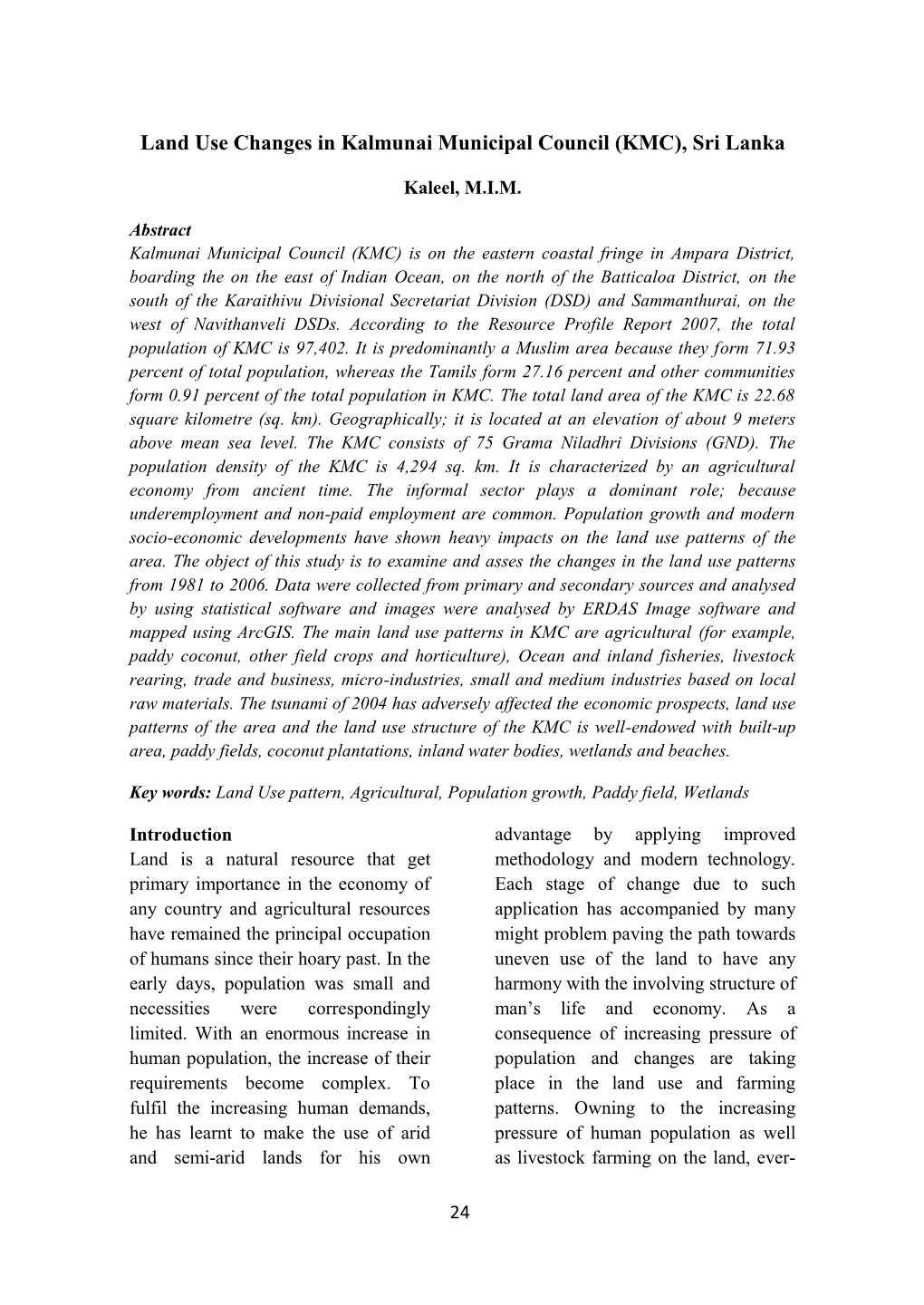 Land Use Changes in Kalmunai Municipal Council (KMC), Sri Lanka