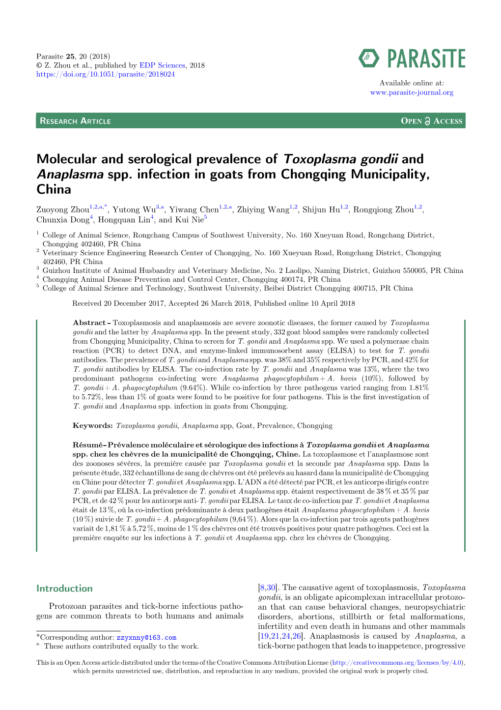 Molecular and Serological Prevalence of Toxoplasma Gondii and Anaplasma Spp. Infection in Goats from Chongqing Municipality, China