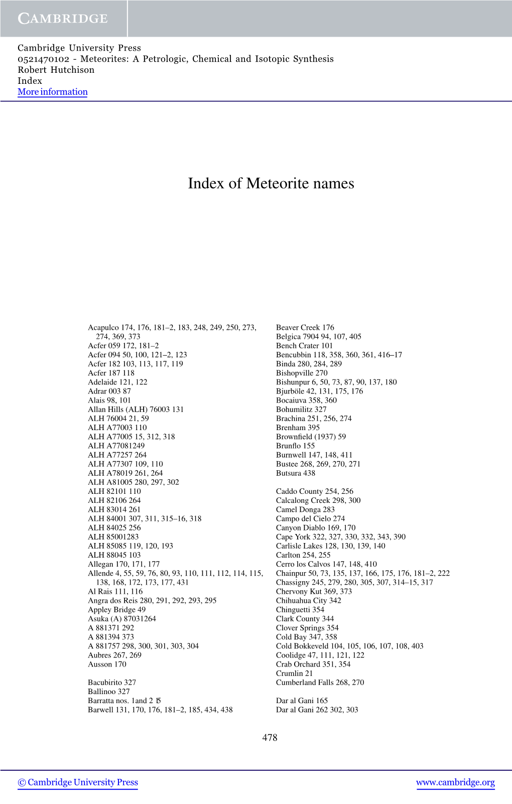 Index of Meteorite Names