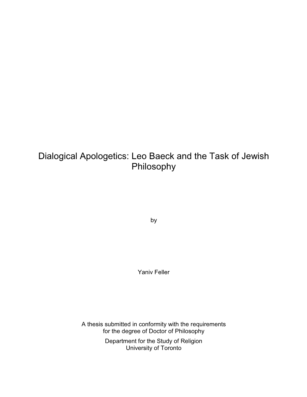 Dialogical Apologetics: Leo Baeck and the Task of Jewish Philosophy